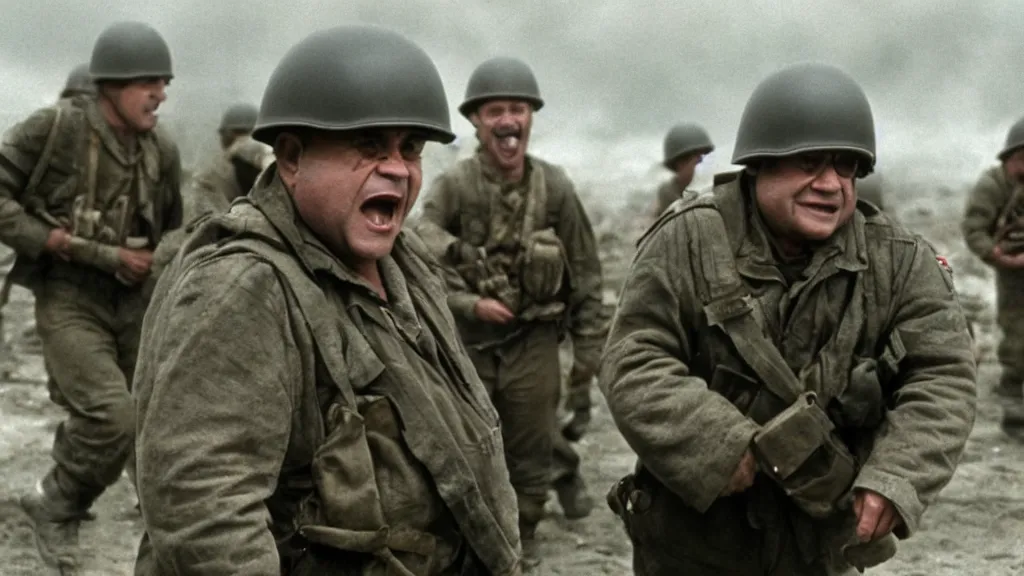 Image similar to A still of Danny Devito in Saving Private Ryan, 8k