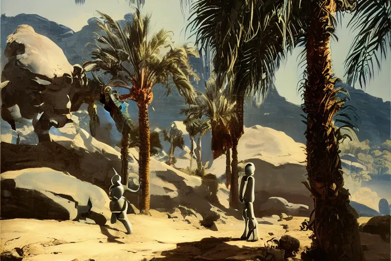Image similar to natural american landscape | robot greeting another robot | palm trees | snowy mountains, painting by syd mead and weta studio and james jean, frank frazetta, highly detailed, rule of third, soft lighting, 8 k resolution, oil on canvas, architectural magazine, beautiful detailed, insanely intricate details, artstation trending, hypermaximalistic, high details, cinematic