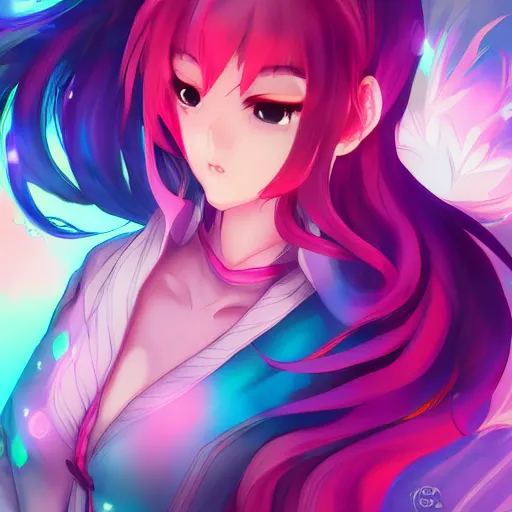 Image similar to digital anime art!!, gamer girl! bedroom sleeping on desk!!, rainbow eyes, rainbow hair, iterations = 5 0 0 0, wlop, rossdraws, artgerm, ross tran