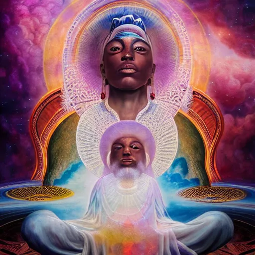 Prompt: obatala the cosmic god sitting on a throne of nebula clouds, by Adi granov and afarin sajedi and amanda sage in a psychedelic portrait style, ultrarealistic matte painting, volumetric lighting, piercing eyes, highly detailed face, orisha, 8k, hd