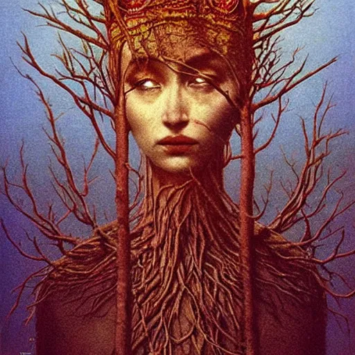 Prompt: priestess wearing a crown of twisting branches, by beksinski