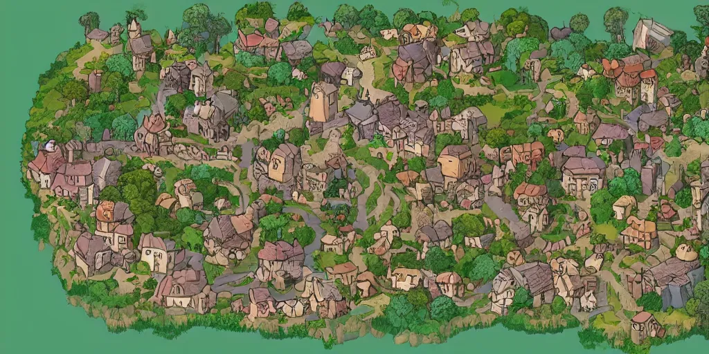 Image similar to a high detailed village vector art presenting an aerial view of a cartoonish rpg village by dungeondraft, dofus, patreon content, containing tables and walls, hd, straight lines, vector, grid, dnd map, map patreon, fantasy maps, foundry vtt, fantasy grounds, aerial view, dungeondraft, tabletop, inkarnate, dugeondraft, roll 2 0