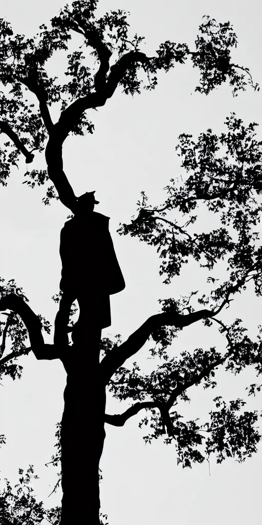 Image similar to a silhouette of Abe Lincoln standing behind a tree hiding from squirrels