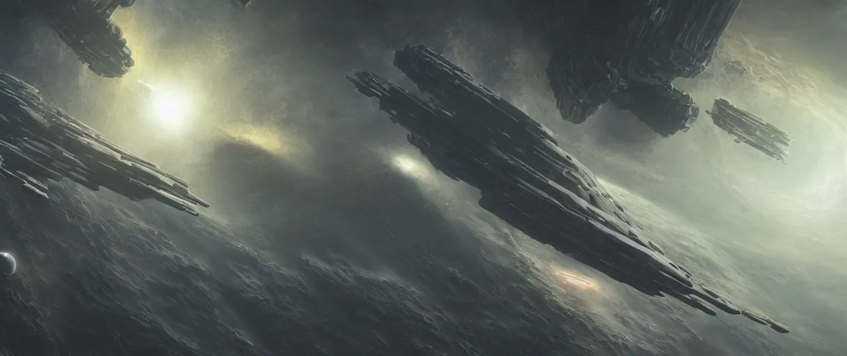 Prompt: concept art, a single and huge generation ship, a spaceship traveling to new worlds, deep space exploration, the expanse tv series, industrial design, dynamic angle, high energy and motion, spatial phenomena, cinematic lighting, 4k, greebles, widescreen, wide angle, beksinski, sharp and blocky shapes