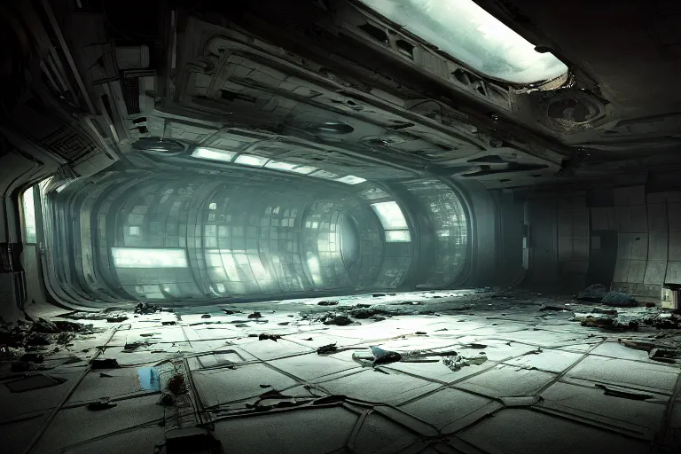 Image similar to set design for a science fiction movie on a derelict space station, cinematic, elegant, professional studio light, real dlsr photography, sharp focus, 4 k, ultra hd, sense of awe, high fashion