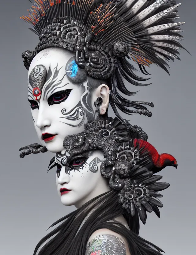 Image similar to 3 d goddess close - up profile portrait punk with mohawk with ram skull. beautiful intricately detailed japanese crow kitsune mask and clasical japanese kimono. betta fish, jellyfish phoenix, bio luminescent, plasma, ice, water, wind, creature, artwork by tooth wu and wlop and beeple and greg rutkowski