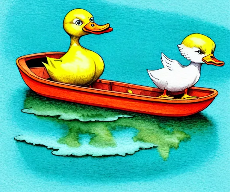 Prompt: cute and funny, duck riding in a tiny boat, ratfink style by ed roth, centered award winning watercolor pen illustration, isometric illustration by chihiro iwasaki, edited by craola, tiny details by artgerm and watercolor girl, symmetrically isometrically centered