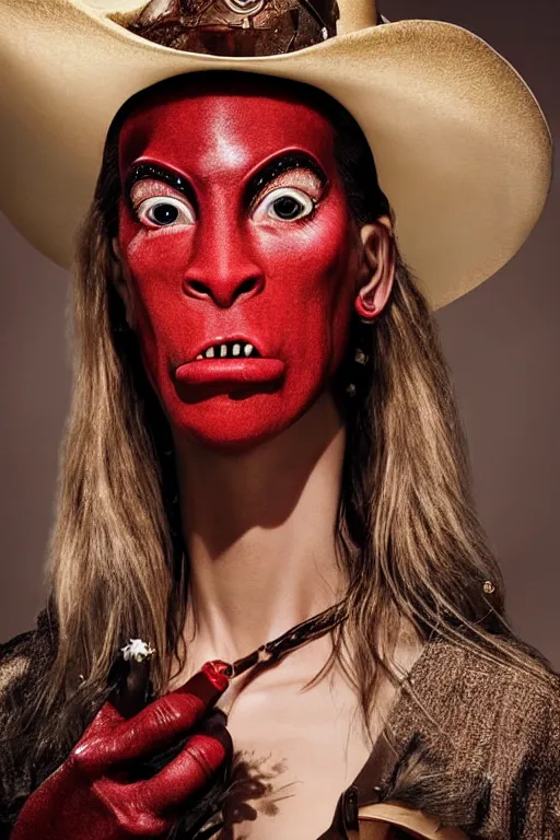 Image similar to dolce & gabbana campaign featuring jar jar binks as a female cowgirl, long eyeslashes, huge juicy lips, big seductive eyes, realistic colors, no filter, realistic vfx simulation