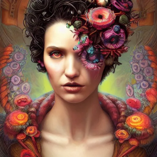 Prompt: Lofi cyberpunk portrait beautiful woman with short brown curly hair, roman face, phoenix, rainbow, floral, Tristan Eaton, Stanley Artgerm, Tom Bagshaw