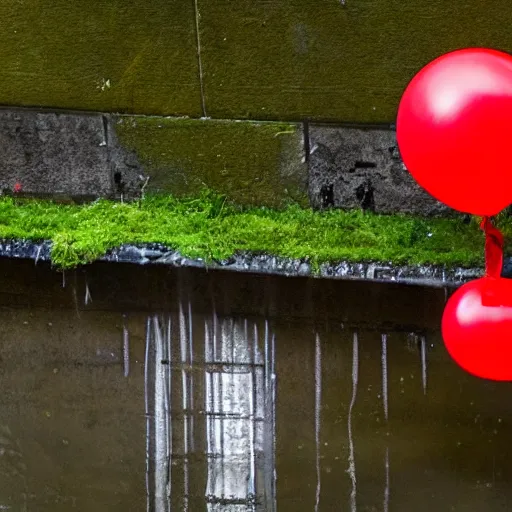 Prompt: down in the sewers of london, dark damp atmosphere, water dripping from the moss covered ceiling, a red balloon with a string attached is floating above the water