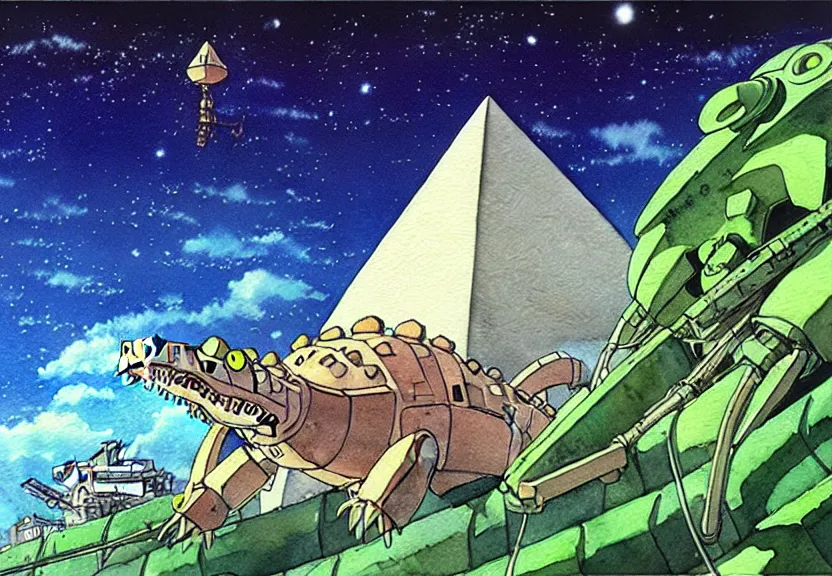 Image similar to a hyperrealist watercolor concept art from a studio ghibli film showing a giant mechanized crocodile from howl's moving castle ( 2 0 0 4 ). a pyramid is under construction in the background, in the rainforest on a misty and starry night. a ufo is in the sky. by studio ghibli