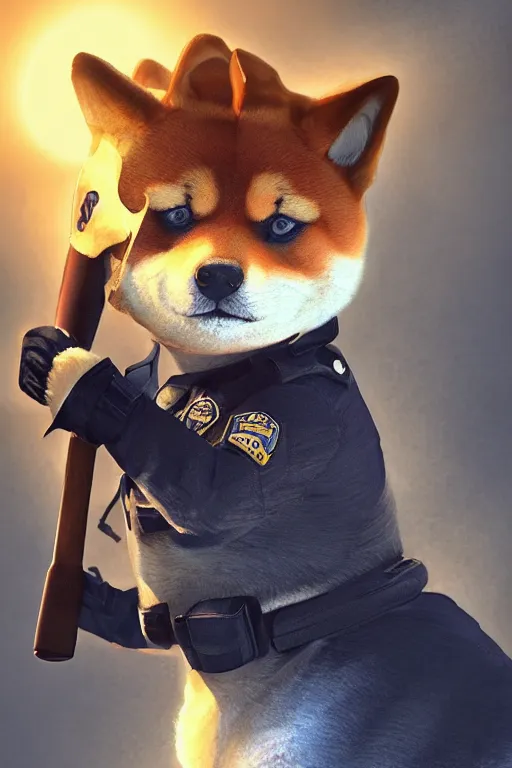 Image similar to shiba inu wearing a police uniform, holding a baseball bat on his hand, highly detailed digital art, atmosphere, glow, lens flare, cinematic lightning, hyperrealistic, focused, extreme details, 4 k, ultra detailed, trending on artstation, masterpiece, digital art.