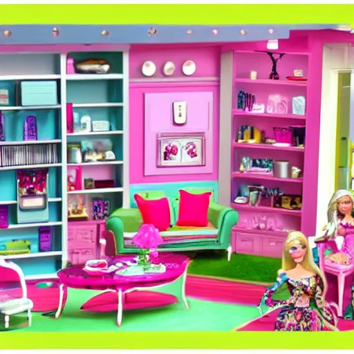 Prompt: barbie dreamhouse but it is all cluttered and full of junk because barbie is a hoarder