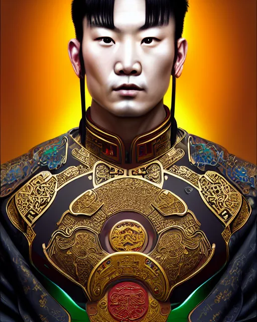 Prompt: portrait of a chinese masculine male cyberpunk machine, machine face, upper half portrait, decorated with chinese opera motifs, muscular, asian, fine china, wuxia, traditional chinese art intricate intense elegant 京 剧 highly detailed symmetry headpiece digital painting artstation concept art smooth sharp focus illustration, art by artgerm and greg rutkowski alphonse mucha 8 k