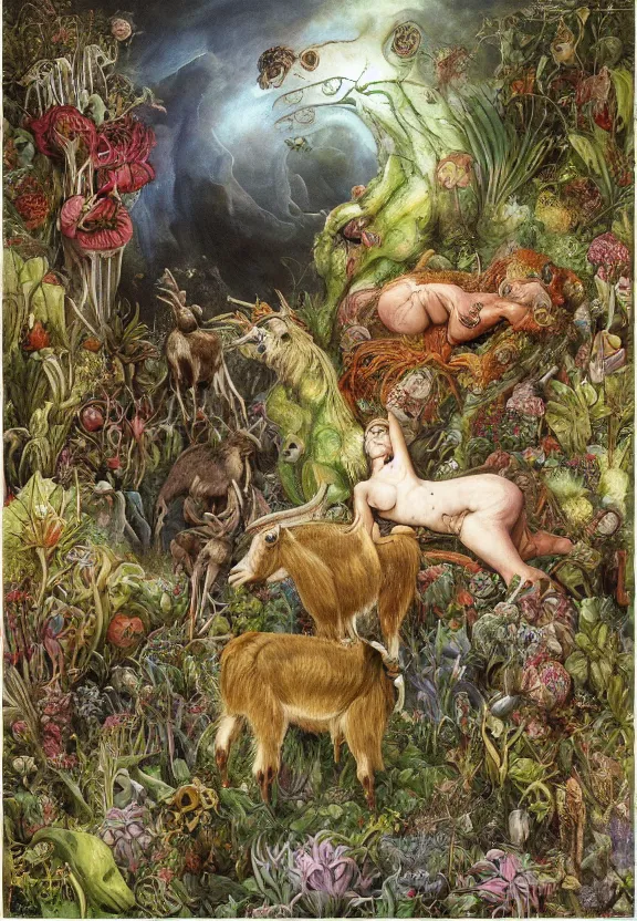 Prompt: simplicity, elegant, muscular goats, babies, botany radiating, colorful mandala, psychedelic, overgrown garden environment, by h. r. giger and esao andrews and maria sibylla merian eugene delacroix, gustave dore, thomas moran, pop art, biomechanical xenomorph, art nouveau, somber, bleak, glass domes