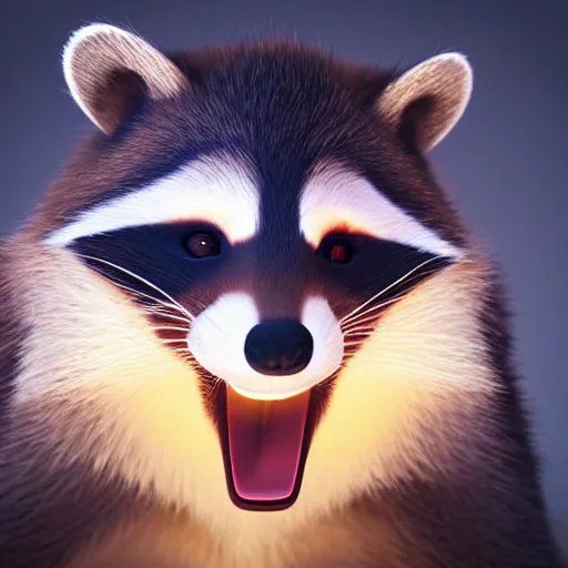 Prompt: portrait of a smiling devious racoon, dramatic lighting, 3d rendered in octane, trending on cgsociety,