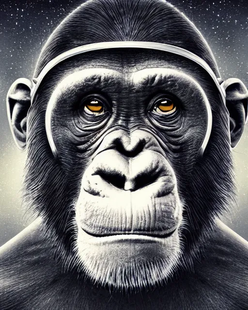 Image similar to very detailed high resolution illustration portrait of a chimpanzee head wearing a helmet, backlit, stars, night, surrounded, 3 d, 8 k, extremely detailed, artstation, award winning