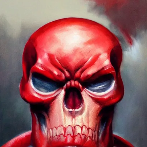 Prompt: ultra realistic head and shoulders portrait painting of red skull, art by frank frazetta, 4 k, ultra realistic, highly detailed, epic lighting