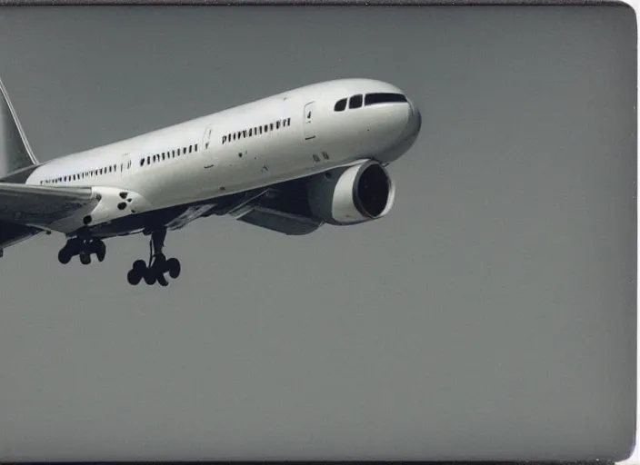 Image similar to aged polaroid photograph of a boeing 7 8 7 flying overhead