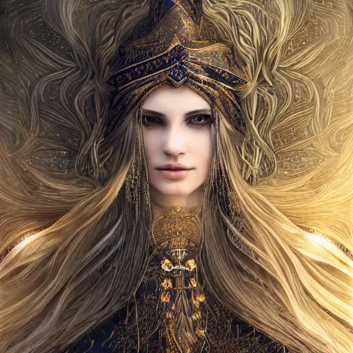 Image similar to highly detailed sharp photorealistic portrait of a beautiful lithuanian female priestess with shimmering hair, symmetrical face and eyes, dressed in intricate flowing silk, the silky cloth lined with golden glowing letters, cgsociety, Elden Ring, Dark Souls, Bloodborne H 640