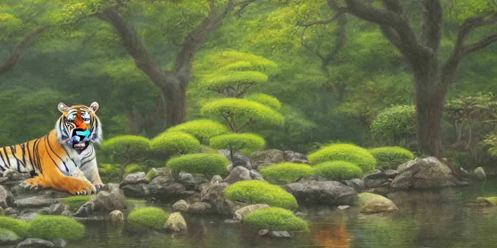 Image similar to a tiger in a Japanese garden, mist, cinematic lighting, detailed oil painting, hyperrealistic, 8k