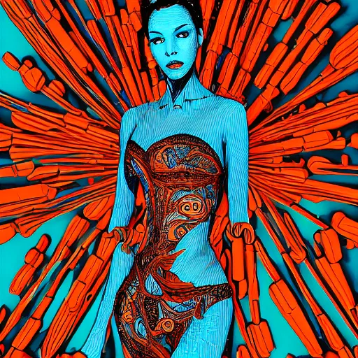 Image similar to a beautiful woman made up of carrots, an ultrafine detailed illustration by james jean, intricate linework, bright colors, final fantasy, behance contest winner, vanitas, angular, altermodern, unreal engine 5 highly rendered, global illumination, radiant light, detailed and intricate environment