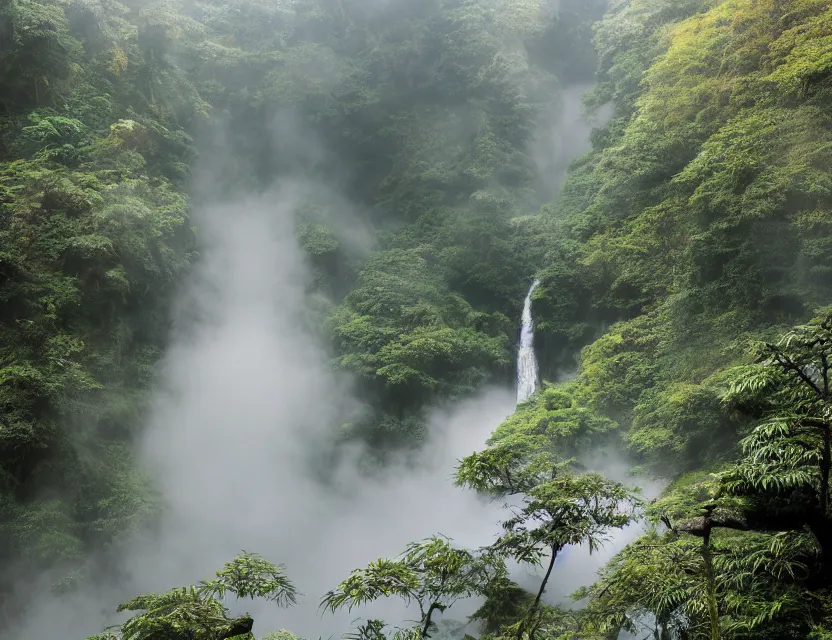 Image similar to a cinematic photo of epic ancient japanese hot springs temples on the top of a mountain in a misty bamboo cloud forest with waterfalls in winter