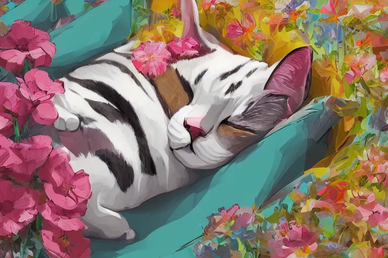 Image similar to a digital art of an american shorthair sleeping in the room with flowers around in the afternoon, the sun shines in, animal, light effect, highly detailed, by anton fadeev