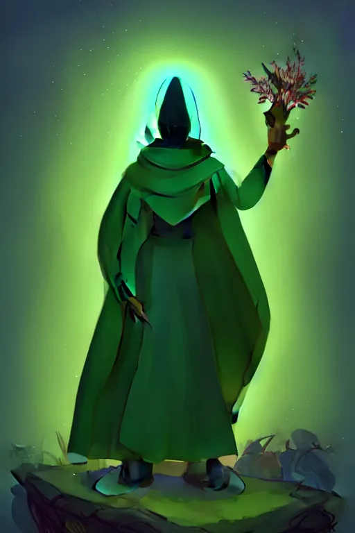 Prompt: A full body portrait of a cute shaman with no face, glowing eyes and a very long hooded dark green cloak of leaves in the style of Pixar, stylized