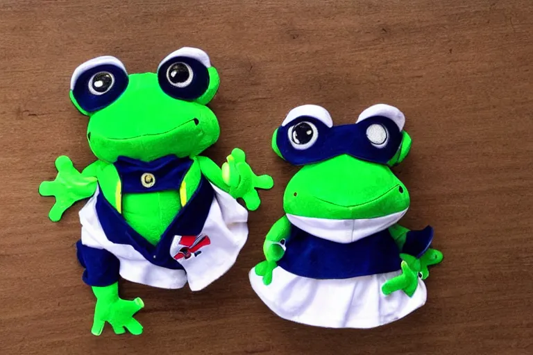 Prompt: frog plushie wearing a sailor suit