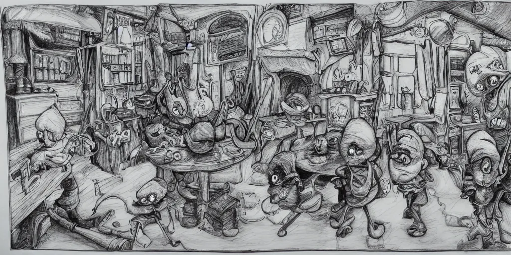 Image similar to high detailed drawing of smurfs and long white bones black and white, tables, tools, leaking oil, line art, pen & ink drawing