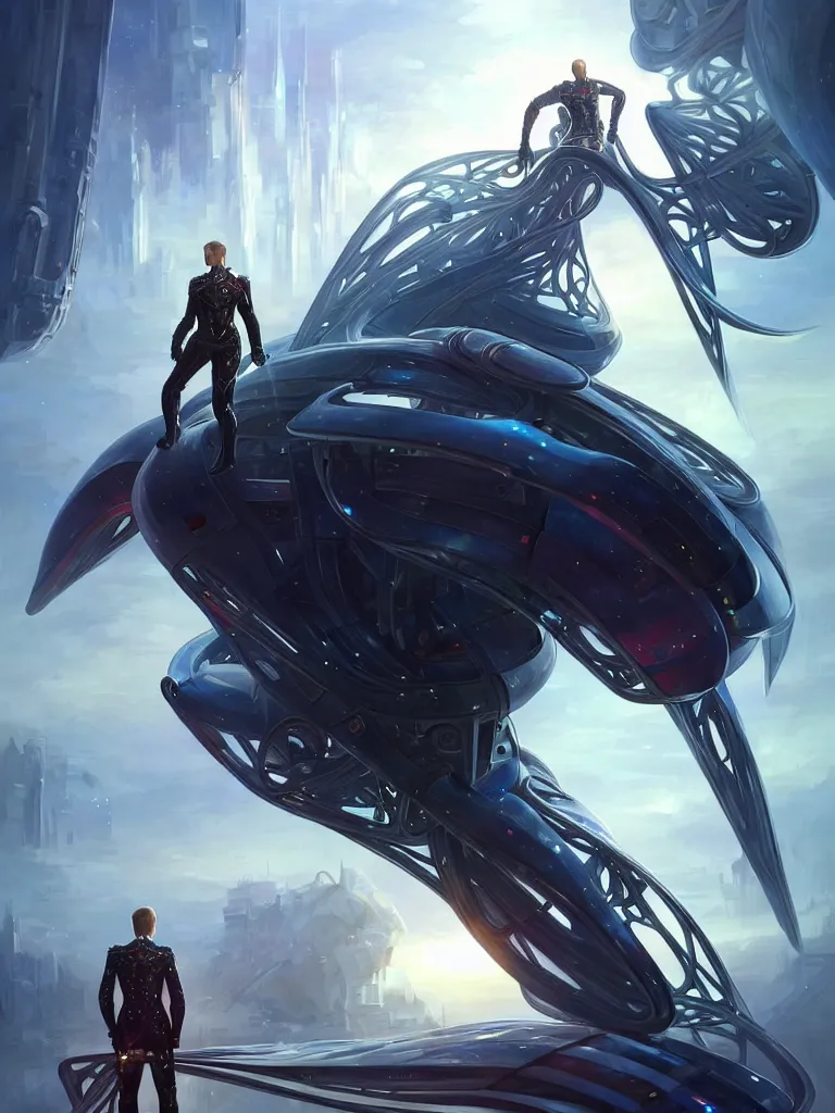 Image similar to a person looking like vladimir putin riding giant steel krab, masterpiece, intricate, elegant futuristic wardrobe, highly detailed, digital painting, artstation, concept art, crepuscular rays, smooth, sharp focus, illustration, background galaxy, cyberpunk colors, volumetric lighting, art by artgerm and james jean and nick sullo