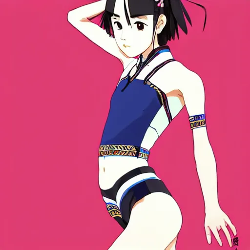 Image similar to a beautiful boyish japanese emma watson alluring instagram model, wearing elegant japanese hiphop leotard outfit with subtle mayan patterns and native fashion, aztec street fashion bathing suit, jrpg fashion, gapmoe yandere grimdark, trending on pixiv fanbox, painted by greg rutkowski makoto shinkai takashi takeuchi studio ghibli, akihiko yoshida