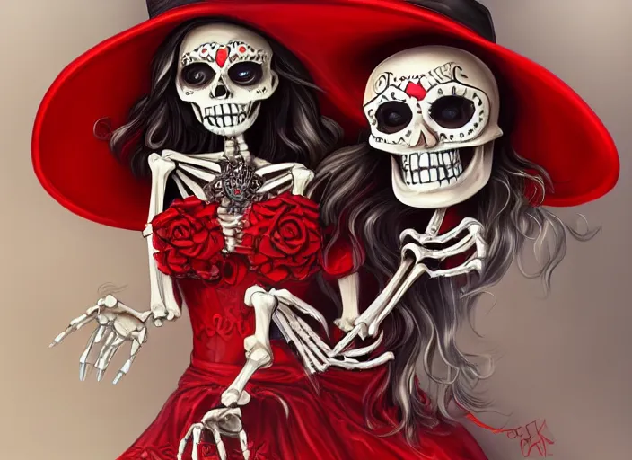 Prompt: cute & beautiful smiling mexican undead skeleton girl wearing a sombrero and a wide red dress, elegant, digital art, fantasy, painting, pin up, highly detailed, artstation, art by artgerm