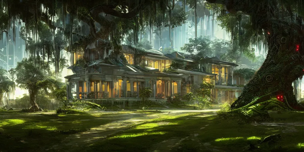 Image similar to a cyber punk house on a lush southern plantation with a tree-lined driveway, romanticism, hyperdetailed, artstation, cgsociety, 8k, masterpiece, sharp H 640