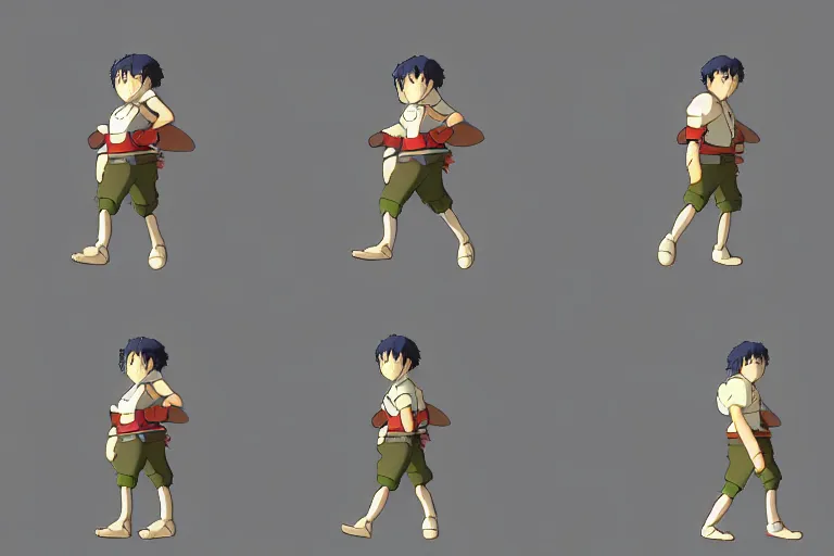 Image similar to a reference sheet containing of a hero running by ghibli studio, front back view and side view, proportions, sprite sheet, running cycle, ready to model,