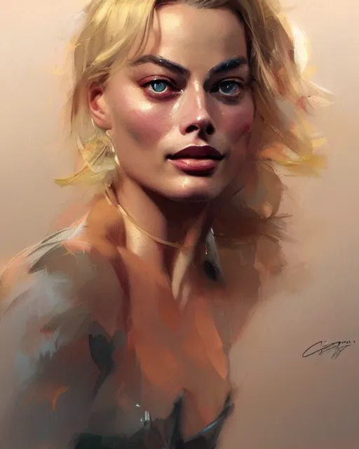 Image similar to Full view realistic portrait of actress margot robbie, masterpiece by Craig Mullins Artgerm in the style of Ruan Jia, wlop, Ross Tran, detailed and realistic, soft lighting, intricate details, realistic, full view, Artstation, CGsociety