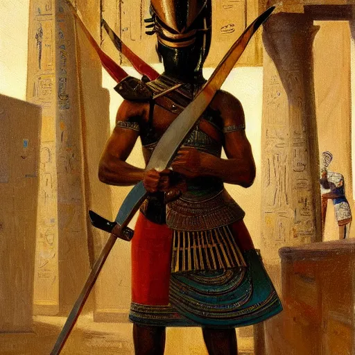 Image similar to a painting of a man holding a sword and a shield, egyptian art by Rudolf Ernst, trending on cgsociety, afrofuturism, egyptian art, detailed painting, oil on canvas