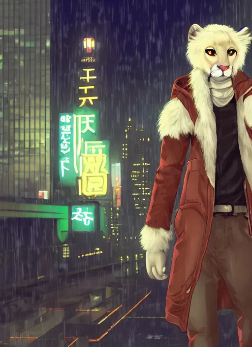 Image similar to character portrait of a male anthro albino mountain lion fursona with a cute beautiful attractive furry face wearing stylish clothes in a cyberpunk city at night while it rains. hidari, color page, tankoban, 4K, tone mapping, Akihiko Yoshida.