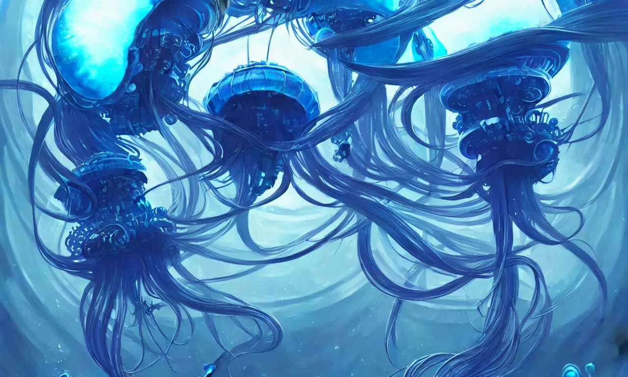 Image similar to cyberpunk jellyfish, blue tones, underwater, 360, highly detailed, digital painting, artstation, concept art, smooth, sharp focus, illustration, art by greg rutkowski and alphonse mucha