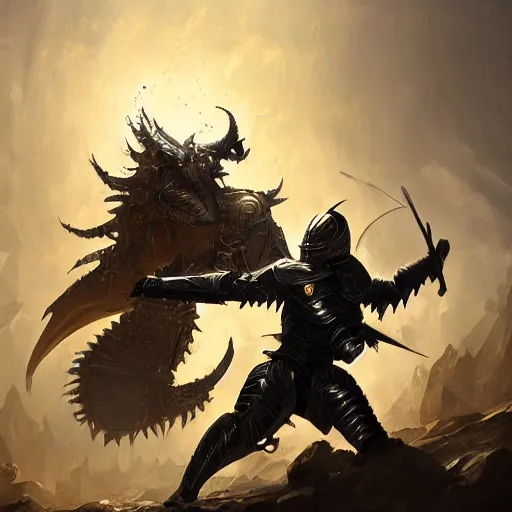 Image similar to anthropomorphic knight warrior wearing black and gold plate armor fighting a cyberdragon, oil painting, Tooth Wu, Greg Rutkowski, RPG, dynamic lighting, fantasy art, High contrast, depth of field, landscape, scenery