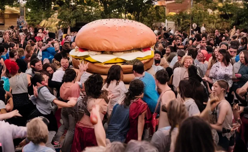 Image similar to a crowd of people dancing in a party around a giant hamburger,