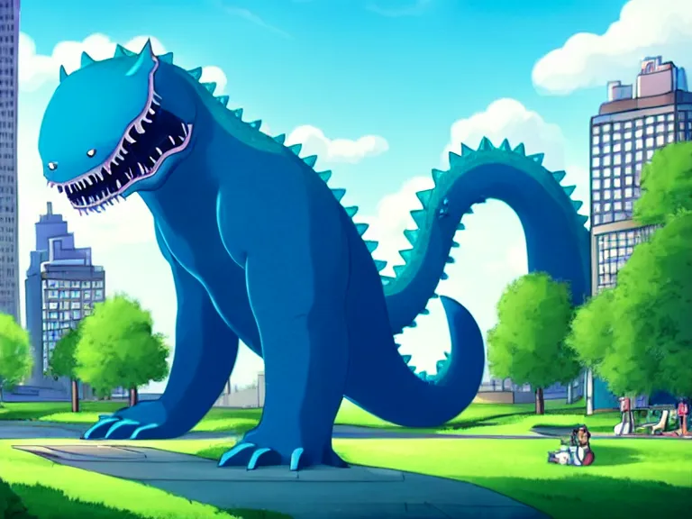 Image similar to adorable anthropomorphic gigantic cerulean furry leviathan monster in a park surrounded by a city, high high high quality