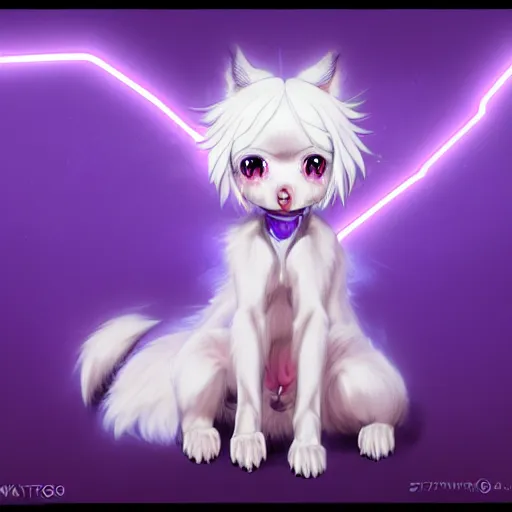 Image similar to advanced full body digital anime art, cute anime female dog hybrid, short white hair, purple watery eyes, dog paws for arms and legs and a big dog tail , full round face :: cinematic lighting, rim lighting, very highly intricately detailed, trending on pixiv :: Steven Artgerm Lau, WLOP, RossDraws, RuanJia, James Jean, Andrei Riabovitchev, Totorrl, Marc Simonetti, Visual Key, and Sakimichan