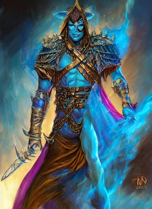 Image similar to blue djinn, ultra detailed fantasy, dndbeyond, bright, colourful, realistic, dnd character portrait, full body, pathfinder, pinterest, art by ralph horsley, dnd, rpg, lotr game design fanart by concept art, behance hd, artstation, deviantart, hdr render in unreal engine 5