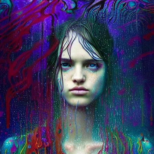 Image similar to girl in psychedelic LSD rain with wet hair and face, fantasy, intricate, elegant, dramatic lighting, emotionally evoking symbolic metaphor, highly detailed, lifelike, photorealistic, digital painting, artstation, concept art, smooth, sharp focus, illustration, art by John Collier and Albert Aublet and Krenz Cushart and Artem Demura and Alphonse Mucha