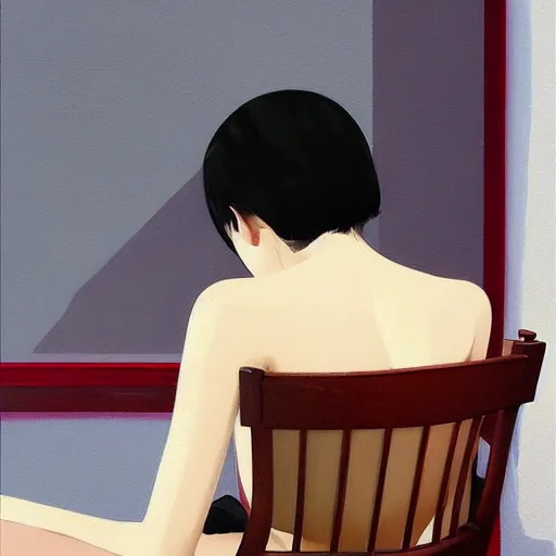 Prompt: oil painting by ilya kuvshinov, conrad roset, coby whitmore, of a youthful japanese beauty sitting on antique chair leaning against a desk, sideview, victorian room