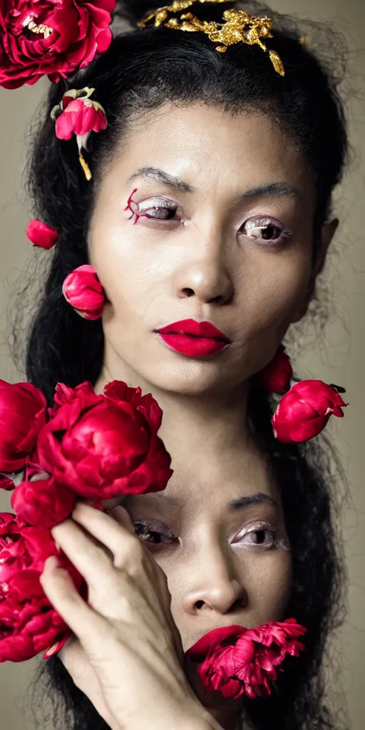 Image similar to Portrait of a European woman, black, close-up, high sharpness, zeiss lens, fashion photo shoot, peony flowers, red hair, red lipstick, in the background of gold, they have rhinestones on their face, Edward Buba, Annie Leibovitz and Steve McCurry, Leslie Zhang, David Lazar, Jimmy Nelsson, Eiko Hosoe, artistic, hyperrealistic, beautiful face, octane rendering