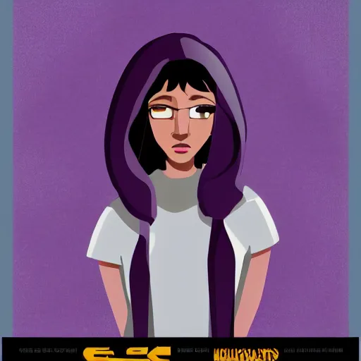 Image similar to poster artwork, sci fi, a female, full body, black hoodie techie, black hair with purple streaks, 8 k