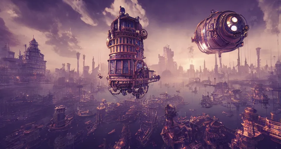 Image similar to floating steampunk city in the sky, bioshock, intricate artwork by tooth wu and wlop and beeple, octane render, hyper realism, 8 k
